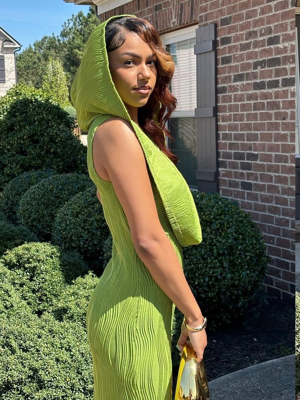Lime Green Hooded Ribbed Knit Dress